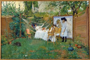 Morgenmad udendørs omkring 1888 Unge kvinder i en have, en af hende er i en hængekøje. Maleri af William Merritt Chase (1849-1916) 1888 Toledo. Kunstmuseet af William Merritt Chase