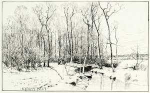 Uden titel, vinterlandskab (pen og blæk på papir) af William Merritt Chase