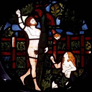 Adam og Eva plukker frugt, detalje fra skabelsesvinduet af William Morris