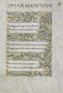 Rubaiyat af Omar Khayyam; vers 55 - 57. Kalligrafisk skrevet og dekoreret af William Morris, med kanter af blade og blomster af William Morris