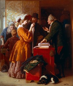 "" Valg af brudekjole "" Detalje. Maleri af William Mulready (1786-1863). 1845. London. Victoria og Albert Museum. af William Mulready