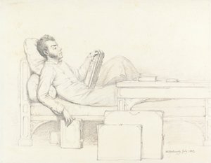 Selvportræt af kunstneren, der ligger på en gotisk sofa, der læser en bog af William Mulready