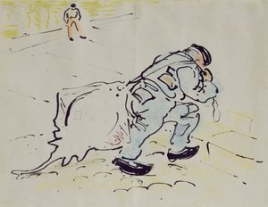 Churchill med en skøjte (pen & blæk og farveblyant på papir) af William Nicholson