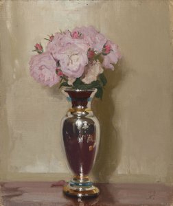 Lyserøde roser i en sølvglansvase af William Nicholson