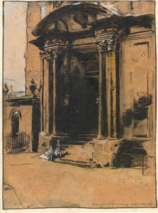 Døråbningen til det gamle Ashmolean Museum, Oxford (pen & blæk, sort kridt & vask med hvid forhøjning på kalkerpapir) af William Nicholson