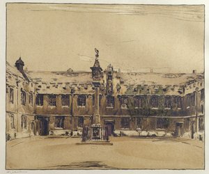 Front Quad fra Corpus Christi College, Oxford (pen og blæk med vask på papir) af William Nicholson