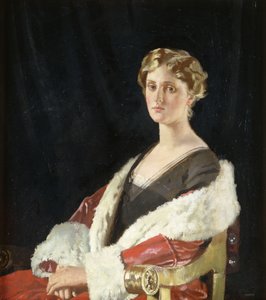 Portræt af Nancy Oswald Smith, siddende halvlængde, i en rød pelsforet frakke, 1915 af William Orpen