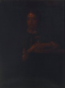 Sarah læner sig op ad et gelænder af William Page