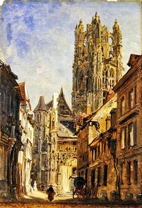 St Laurent Church, Rouen, ca. 1860 (olie på papir lagt om bord)