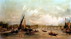 Waterloo-broen fra vest med et bådkapløb (litho) af William Parrott