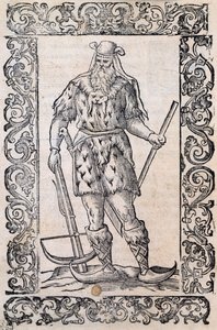 Mand med pelskjole, armbrøst og sko med snoet spids (eksempel på rudimentære ski), illustration tilskrevet Cesare Vecellio (1521-1601), udgivet i Italien i 1500-tallet af Nicolas Toussaint Charlet