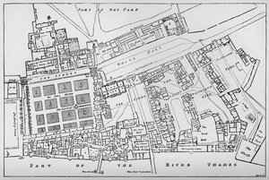 En reduceret kopi af Fishers grundplan for Royal Palace of Whitehall, taget i Reign of Char