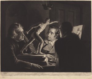 Tre personer, der ser gladiatoren i levende lys af William Pether after Joseph Wright
