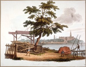 Men moving timber at Bankside, Southwark, London, c1810