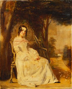 Portræt af Mary Freer siddende lille i fuld længde på et havesæde, af William Powell Frith