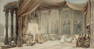Europæere bliver underholdt af dansere og musikere i et pragtfuldt indisk hus i Calcutta under Durga puja af William Princep