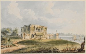 Udsigt over Charles Prinseps hus, Ishura ved Hooghly-floden (sort kridt, pen og brunt blæk med akvarel på papir)