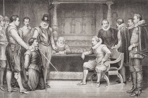 Guy Fawkes (1570-1606) forhørt af James I (1566-1625) og hans råd i kongens sengekammer, fra 
