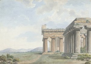 Udsigt i Levanten: Tempelruinerne ved Paestum, ca. 1785 (wc med pen og blæk over grafit på papir) af William Reveley