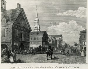Second Street North fra Market Street og Christ Church, Philadelphia, tegning af William Russell Birch (1755-1834), trykt af R Campbell, USA