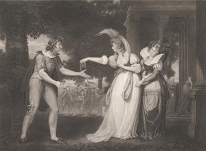 Før hertugens palads-Rosalind, Celia, Orlando, hertugen..., første gang udgivet 1800, genudgivet 1852. af William Satchwell Leney