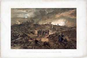 Krimkrigen (1853-1856): episode af belejringen af ​​Sebastopol (Ukraine), franske tropper blandt ruinerne efter indtagelse af Malakoff-tårnet, 8. september 1855 (Efter indtagelsen af ​​Malakoff den 8. september 1855) - Litografi af William Simpson (18