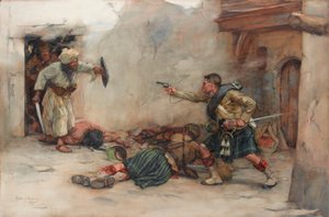 Trommeslager James Roddick fra 92nd Gordon Highlanders, forsvarer løjtnant Menzies under hånd-til-hånd kampe i Kandahar af William Skeoch Cumming