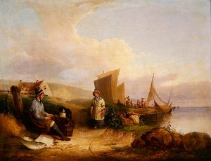 Kystscene med fiskere (olie på lærred) af William Snr. Shayer