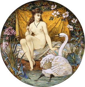 En stor tazza af minton lertøj, der forestiller Leda og svanen,