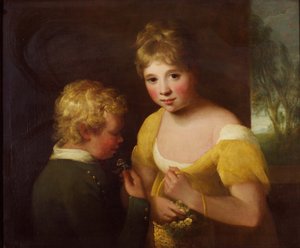 To børn med en kurv med blomster (olie på lærred) af William Tate