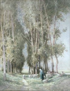 En hyrdinde og hendes flok, Holland (akvarel på papir) af William Tatton Winter