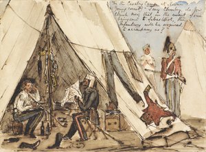 I kavaleriets lejr i Devna (ung kornet) ?Jeg siger Charley, tror du nu, at hvis vi bliver sendt til Sebastopol, vil infanteriet være nødt til at ledsage os?, ca. 1854 (pen og blæk og wc)