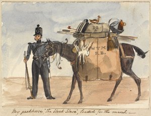 Min pakkehest, den sorte slave, læsset til marchen, ca. 1854 (akvarel og blyant på papir)