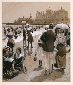 Strandscene fra Harpers Weekly, udg. 1900 (farvelitografi)