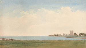 Portchester Castle: En udsigt fra Portchester Village ser over vandet til Portsmouth