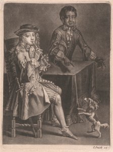 To unge mænd, den ene spiller blokfløjte, den anden peger på en dansende hund af William Vincent