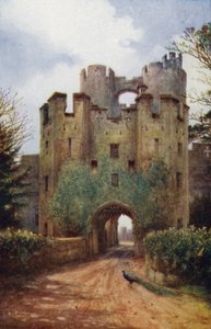 Warwick Castle: Drawbridge og Portcullis (farve litho)