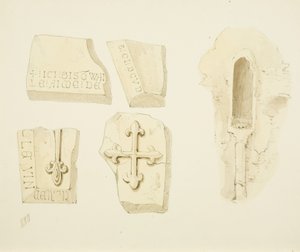Rester af et monument opdaget i østmuren og Piscina i South Aisle, St James