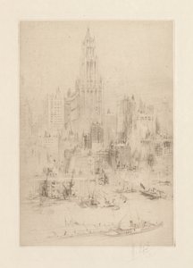 Downtown Manhattan fra East River, med Woolworth Building af William Walcot