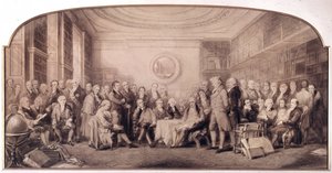 Videnskabens eminente mænd i 1807-1808. Møde i biblioteket på Royal Institute of Sciences, England. Gravering af William Walker og Sir John Gilbert (1817 - 1897) - Eminent Men of Science Living in 1807 - Eminent Men of Science