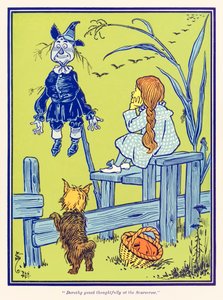 ?Dorothy stirrede eftertænksomt på fugleskræmselen.? fra ?Den vidunderlige troldmand fra Oz? af L. Frank Baum