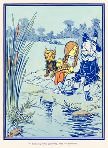 ??Jeg blev først lavet i går,? sagde fugleskræmselen.? fra ?Den vidunderlige troldmand fra Oz? af L. Frank Baum af William Wallace Denslow