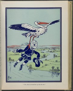 "Storken bar ham op i luften", illustration fra "Den vidunderlige troldmand fra Oz" af Lyman Frank Baum af William Wallace Denslow