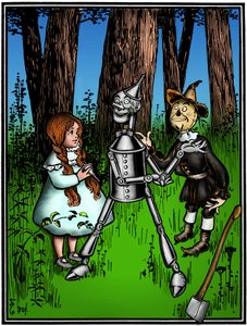 The Wizard of Oz: tegning af Denslow, William Wallace (1856-1919) til den første udgave i 1900 af Frank Baums bog (1856-1919) - Dorothee (Dorothy) assisteret af fugleskræmselen, hjalp blikskovmanden -