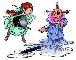 The Wonderful Wizard of Oz - The Wizard of Oz: tegning af Denslow, William Wallace (1856-1915) indser for den første 1900-udgave af Frank Baums bog (1856-1919) - Dorothee (Dorothy) smelter vestens grimme heks ved at kaster en spand vand på hende -