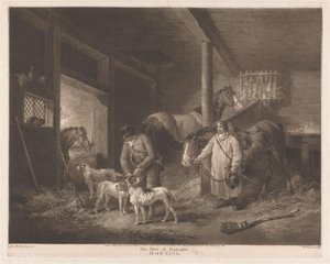 Jægere i stalden gør deres dyr klar Den første september, morgen (titel på objekt) af William Ward