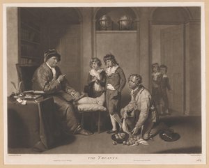 Mand skælder børn ud og en knælende mand med pærer The Truants (titel på objekt) af William Ward