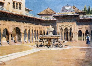 Granada, Alhambra, Lions Court (farve litho) af William Wiehe Collins
