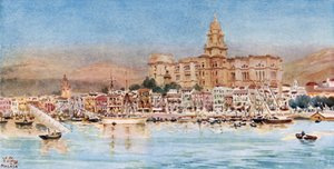 Malaga, udsigt fra havnen (farve litho) af William Wiehe Collins