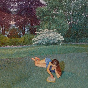 Girl Reading with a Landscape, 2019 (olie på lærred)